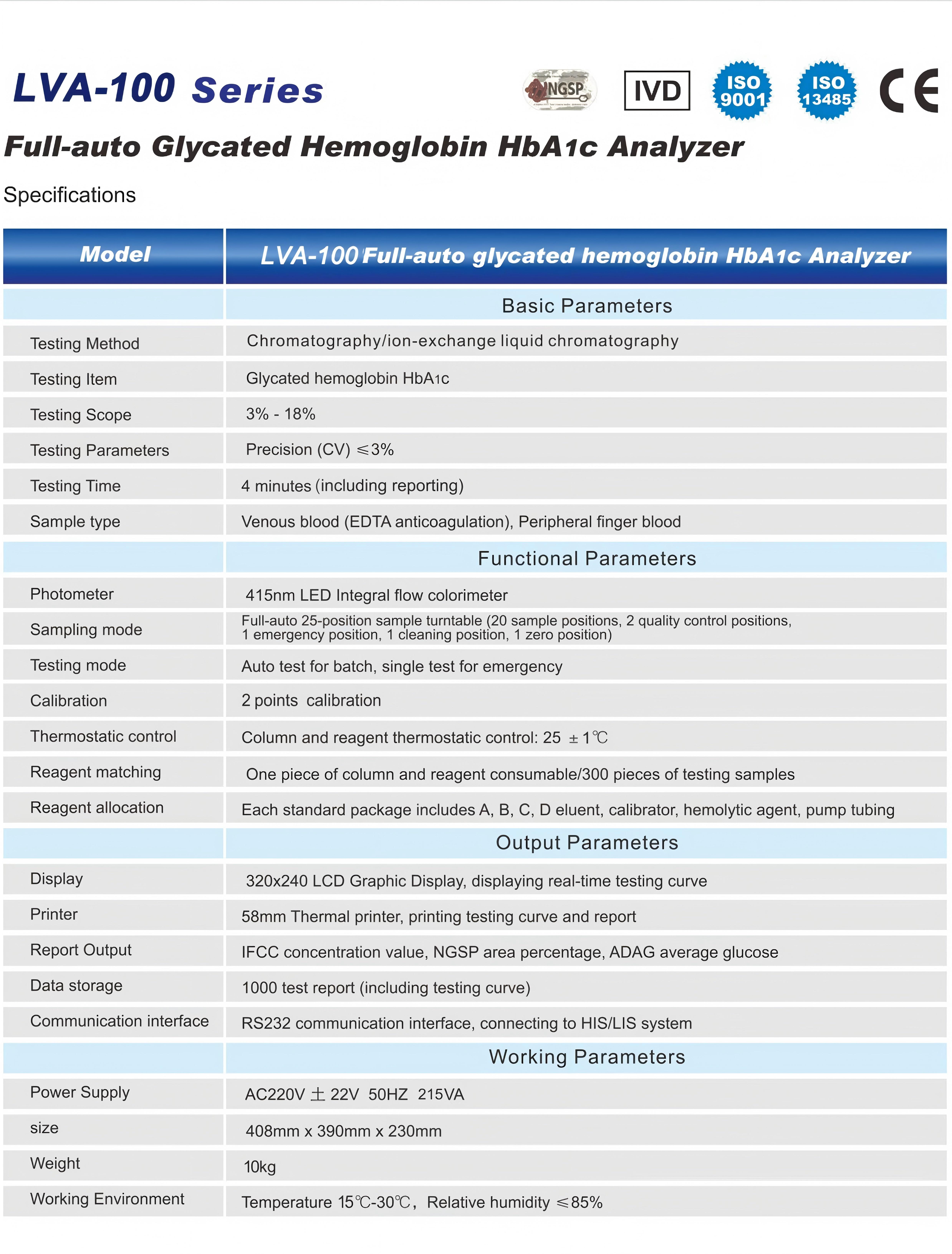 Analizador de hemoglobina glucosilada HbA1c totalmente autom&aacute;tico serie LVA-100-1